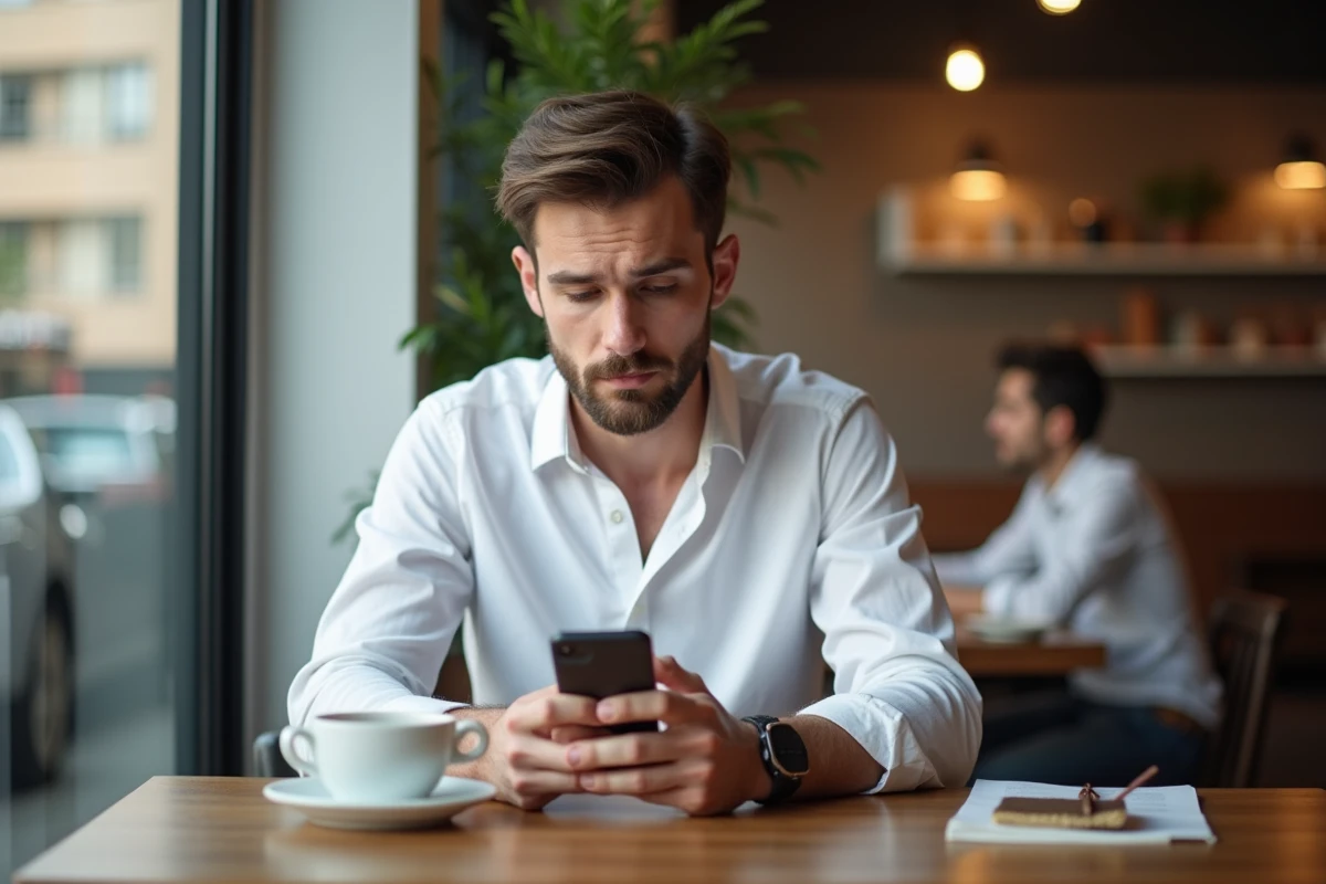 Jeune homme prenant un quiz sur son smartphone au café