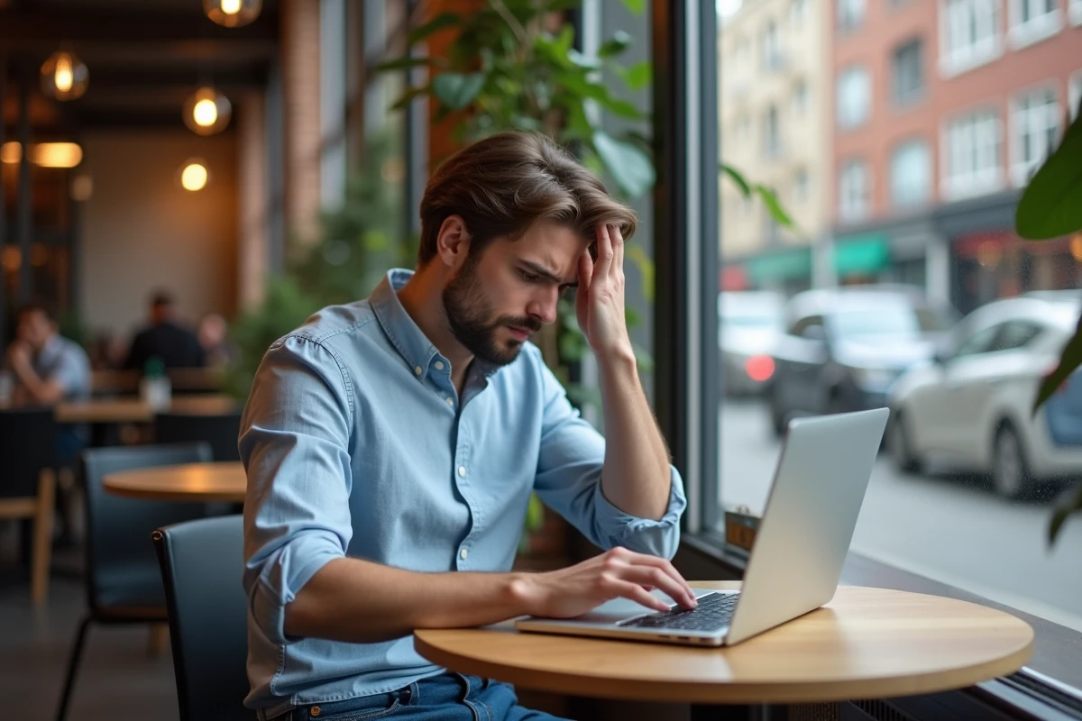 Jeune homme frustré au café avec ordinateur portable