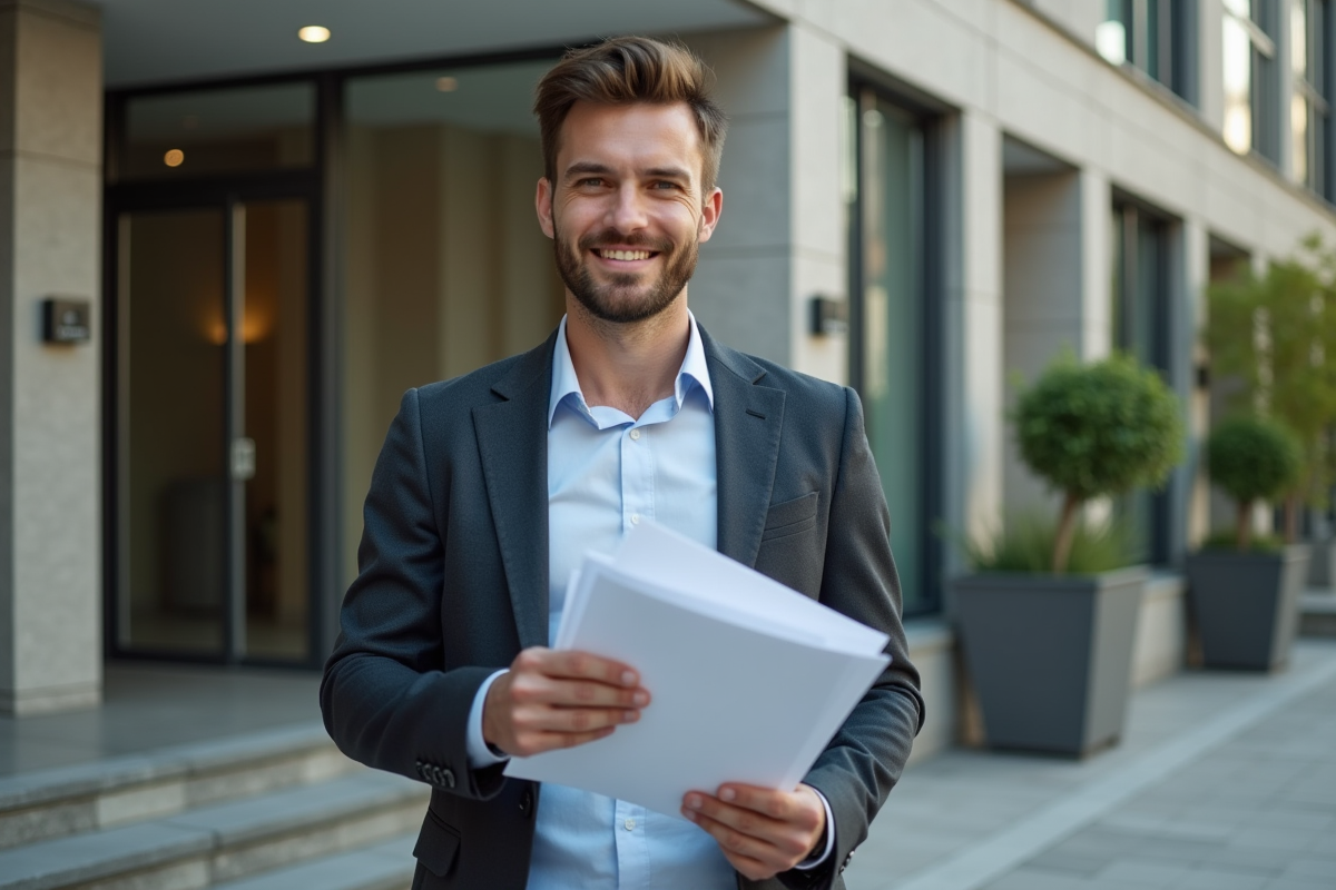 Un jeune professionnel devant un immeuble avec papiers en main