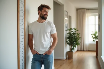 Jeune homme souriant près d'un mur avec un repère de hauteur