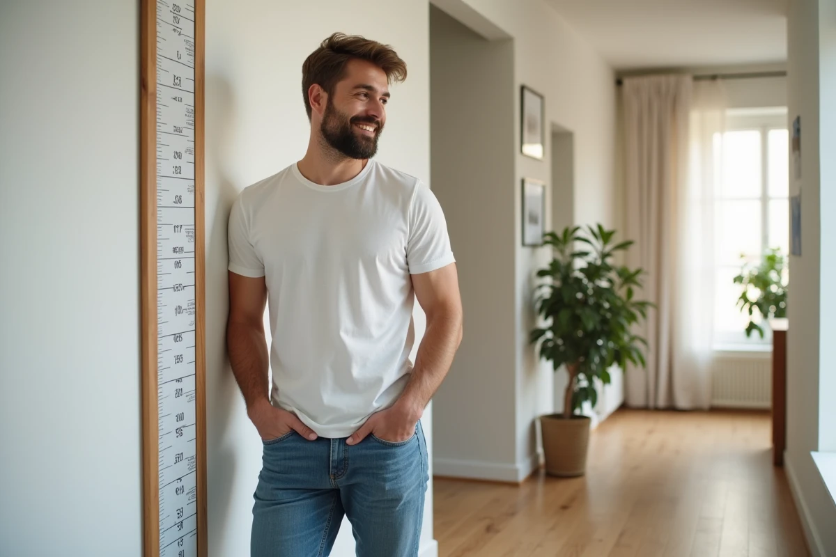 Jeune homme souriant près d'un mur avec un repère de hauteur