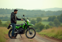 Kawasaki cross 125 : l’essentiel avant l’achat Jeune homme avec veste moto et Kawasaki cross 125 en campagne