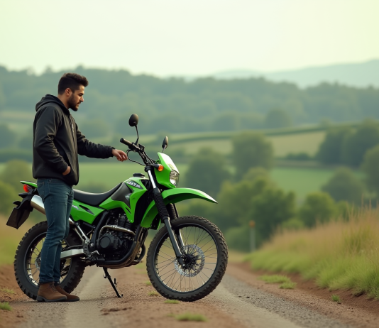 Jeune homme avec veste moto et Kawasaki cross 125 en campagne