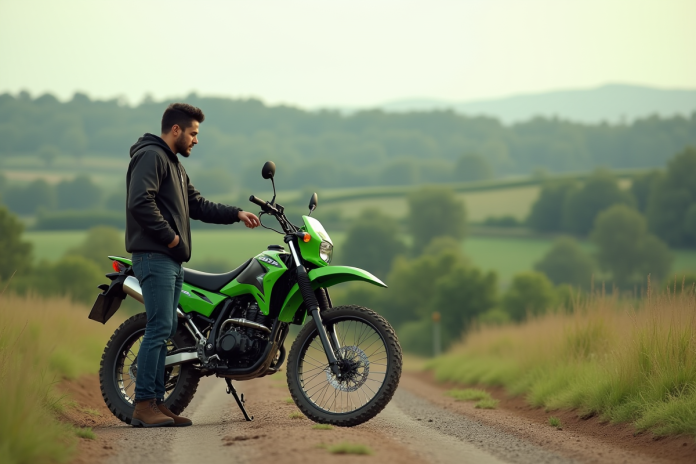 Jeune homme avec veste moto et Kawasaki cross 125 en campagne