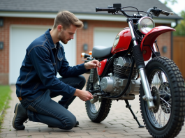 Comment entretenir une moto 50cc 4 temps homologuée pour la garder en parfait état ? Jeune homme vérifiant la chaîne d'une moto propre en extérieur
