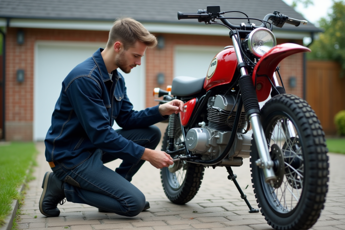 Jeune homme vérifiant la chaîne d'une moto propre en extérieur