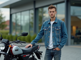 Jeune homme en denim devant une moto neuve en concession