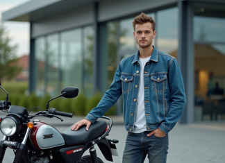 Les meilleures offres pour une moto 125 neuve la plus abordable Jeune homme en denim devant une moto neuve en concession