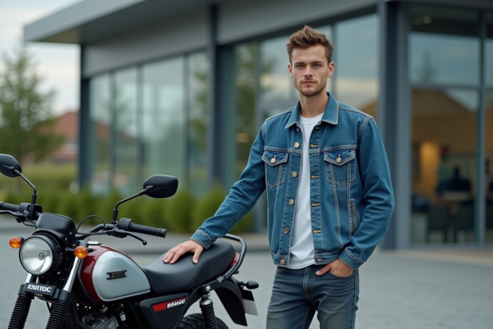 Jeune homme en denim devant une moto neuve en concession