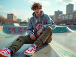Jeune homme en streetwear dans un skatepark urbain