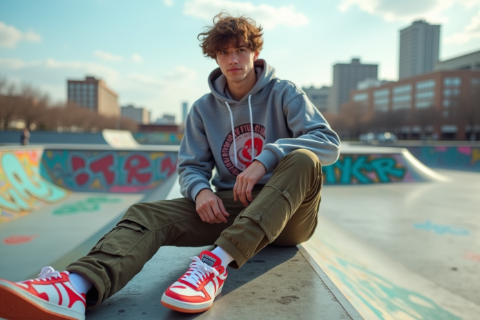 Jeune homme en streetwear dans un skatepark urbain