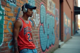 Jeune homme en jersey vintage et casquette dans une rue urbaine