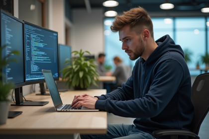 Jeune programmeur homme travaillant sur un ordinateur en bureau moderne