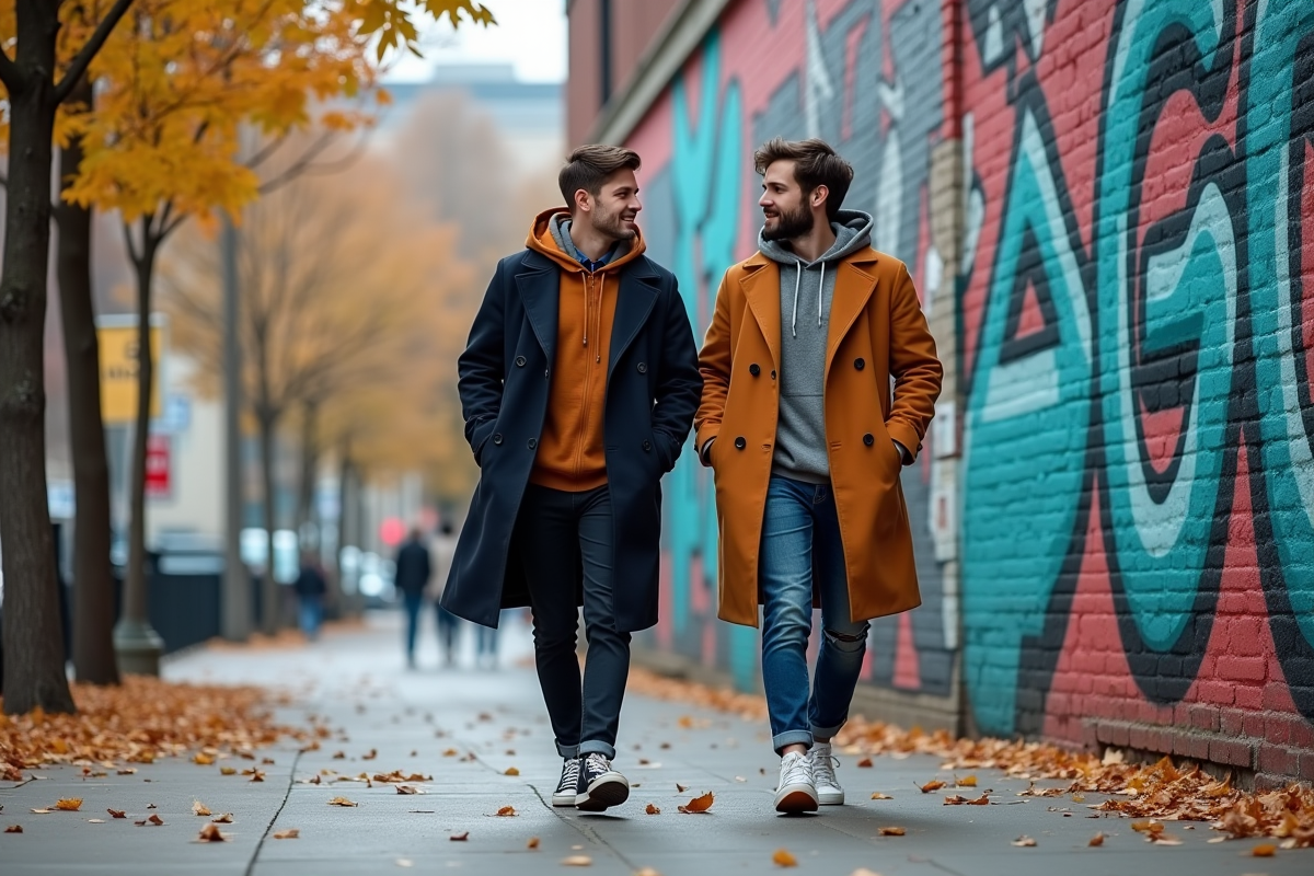 Deux jeunes hommes en streetwear devant un mur de graffiti