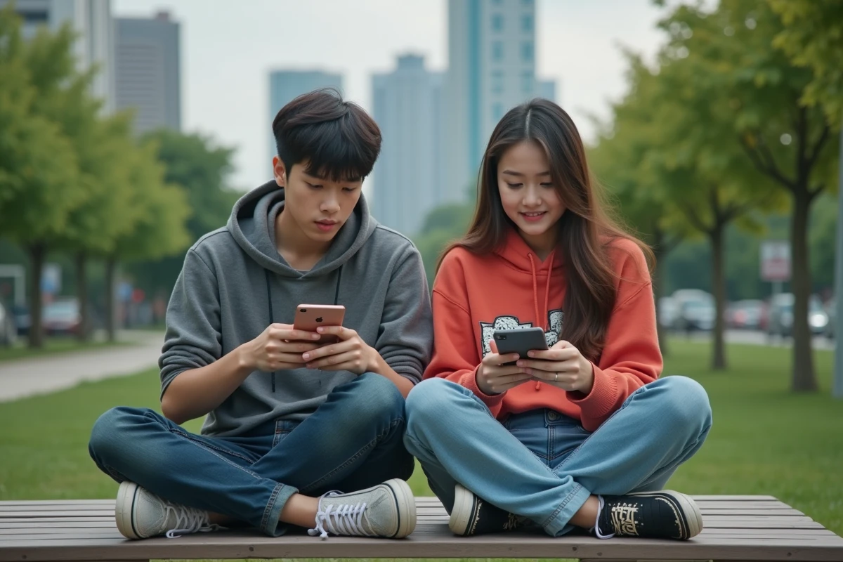 Deux adolescents lisant manga sur un banc de parc