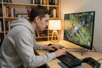 Joueur de jeu tower defense concentré devant son écran d'ordinateur dans un bureau à domicile moderne