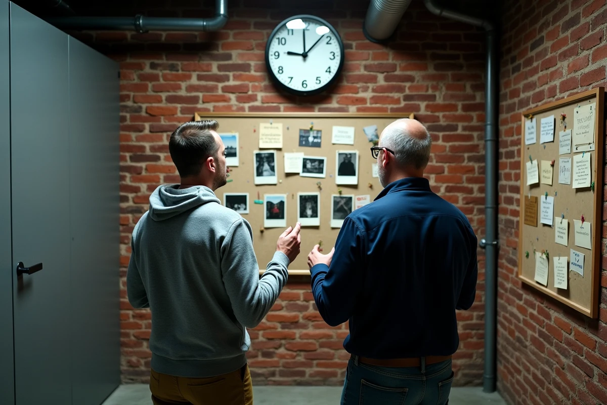 Deux joueurs analysant un tableau d'indices codés dans un escape room au décor industriel