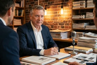 Journaliste professionnel dans une rédaction française, assis à un bureau éditorial encombré, évoquant l'environnement de travail d'Anthony Bellanger