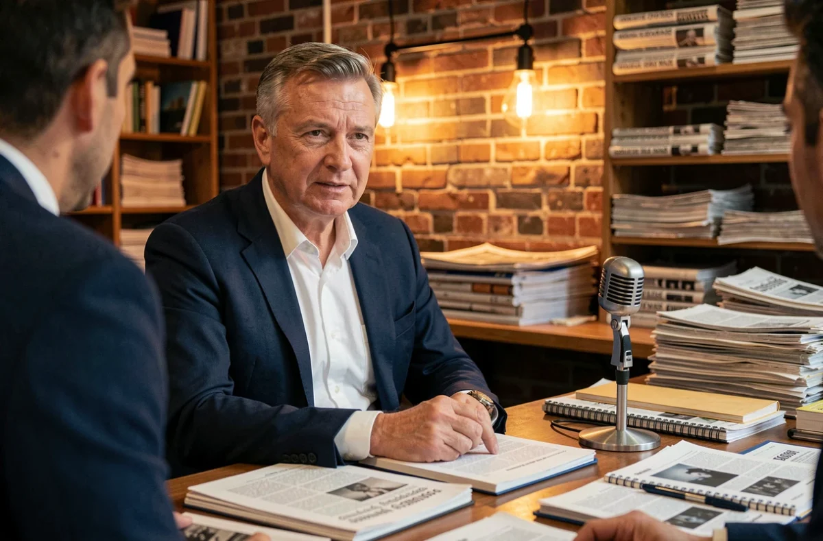 Journaliste professionnel dans une rédaction française, assis à un bureau éditorial encombré, évoquant l'environnement de travail d'Anthony Bellanger