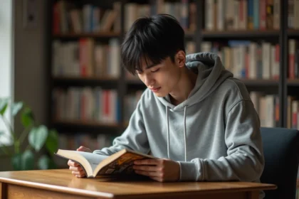 Jeune homme lisant un manga assis à son bureau dans un appartement cosy, illustrant la lecture en ligne de One Piece