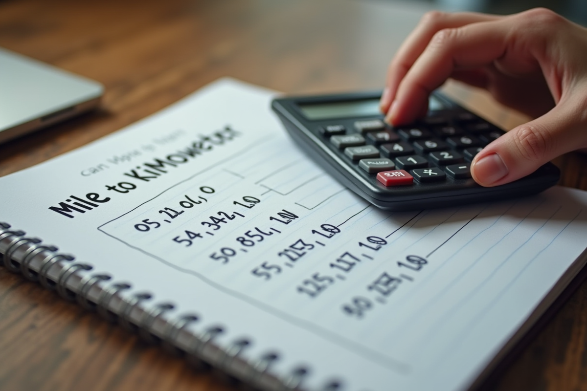 Main utilisant une calculatrice sur un bureau en bois avec un carnet de conversions