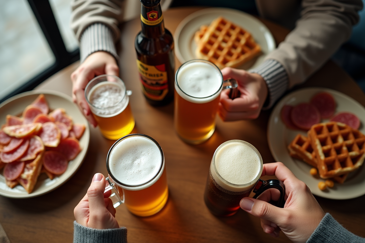 Mains tenant bières belges avec gaufres et charcuterie