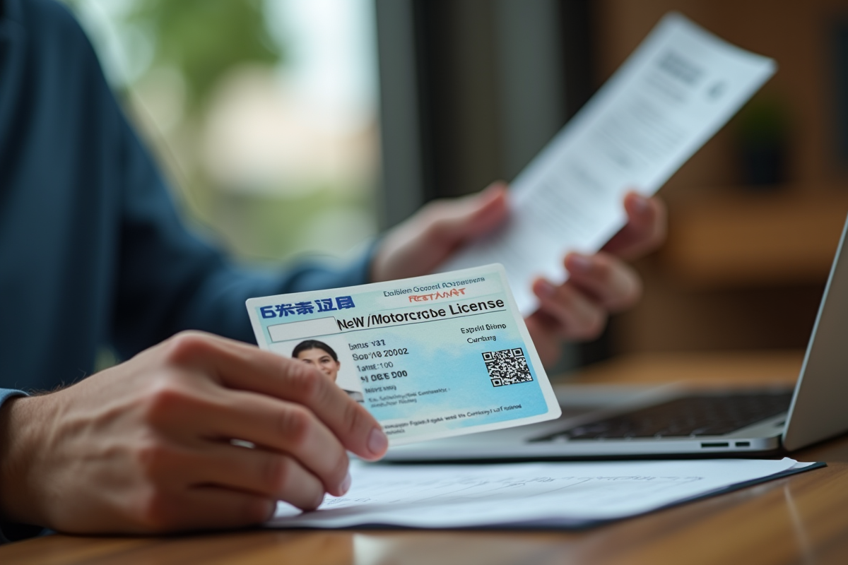 Mains tenant un permis moto et un reçu en gros plan