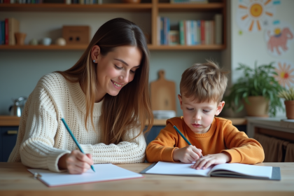 Femme et enfant faisant leurs devoirs à la maison