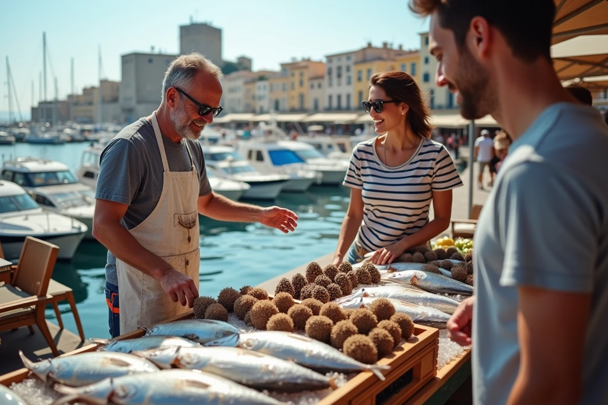 Marché aux poissons animé sur le Vieux-Port de Marseille avec touristes et poissonnier local