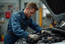 Homme en overalls de mecanicien changeant une courroie serpentine dans un garage