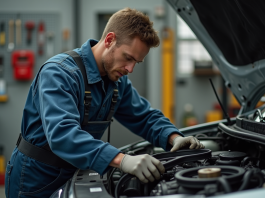Homme en overalls de mecanicien changeant une courroie serpentine dans un garage