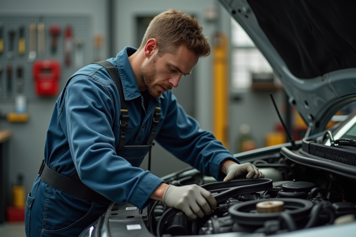 Homme en overalls de mecanicien changeant une courroie serpentine dans un garage