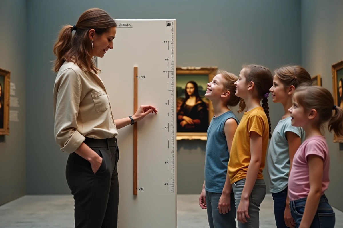 Médiatrice culturelle montrant à des enfants les dimensions réelles de la Joconde à l'aide d'un panneau et d'une règle dans un espace muséal
