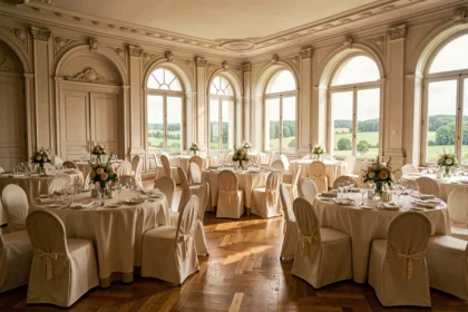 Salle de réception élégante dans le Nord avec tables décorées et grandes fenêtres donnant sur la campagne