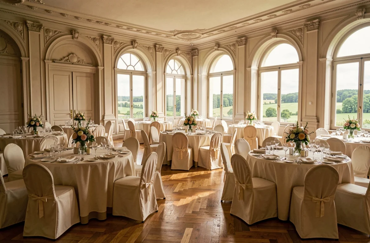 Salle de réception élégante dans le Nord avec tables décorées et grandes fenêtres donnant sur la campagne