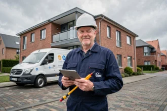 Électricien professionnel devant un bâtiment résidentiel dans le Nord de la France, tenant une tablette et un testeur de tension
