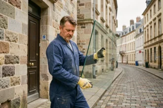 Vitrier professionnel portant une grande vitre devant un bâtiment en pierre bretonne à Rennes, Ille-et-Vilaine