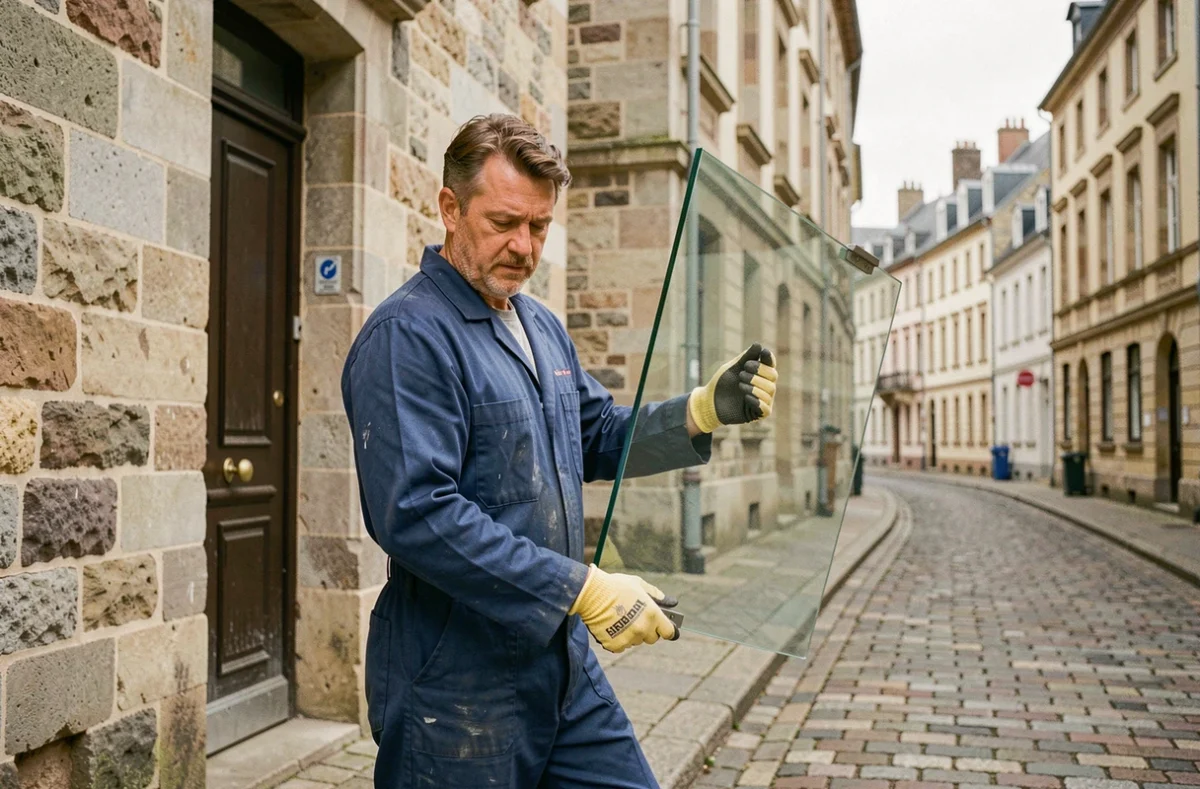 Vitrier professionnel portant une grande vitre devant un bâtiment en pierre bretonne à Rennes, Ille-et-Vilaine