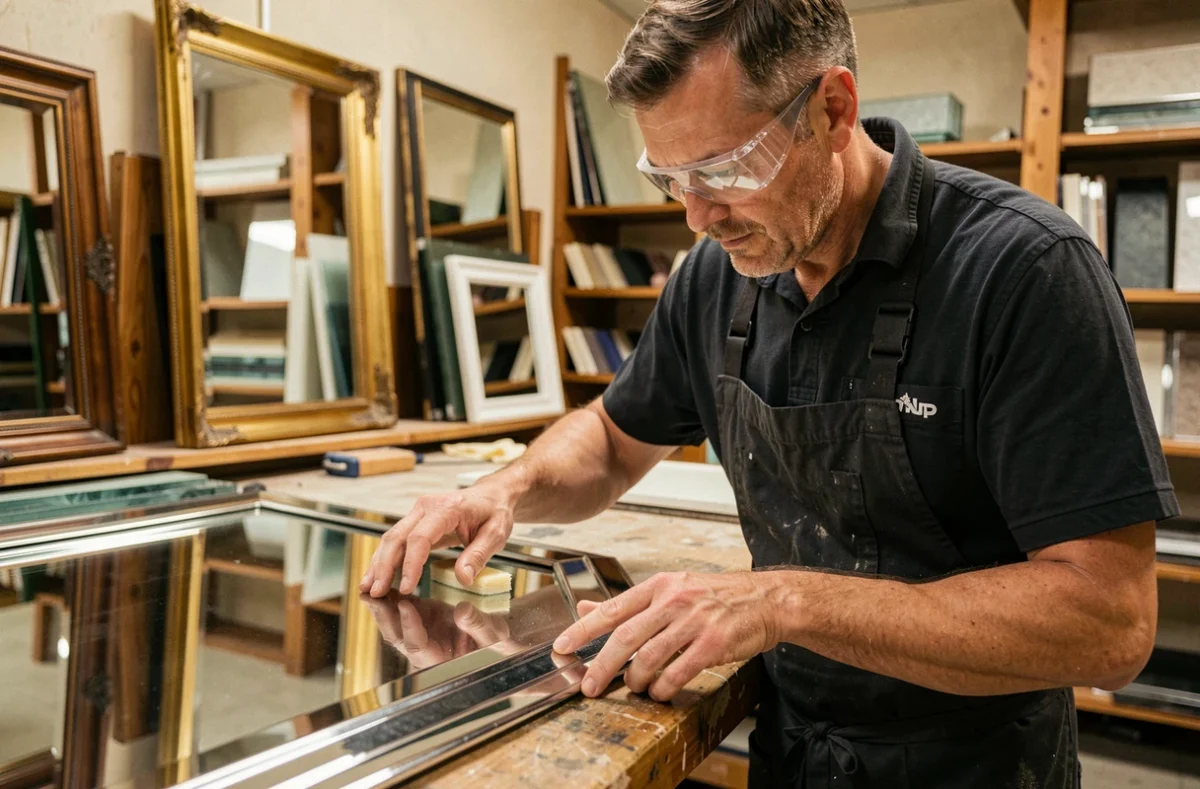 Spécialiste de la Miroiterie de Vitré polissant le bord biseauté d'un grand miroir décoratif dans son atelier
