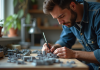 Modéliste au travail avec outils précis pour un modèle réduit