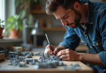 Modéliste au travail avec outils précis pour un modèle réduit