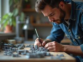 Métier en M : le monde fascinant des maquettistes Modéliste au travail avec outils précis pour un modèle réduit