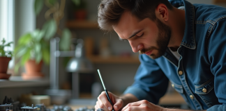 Modéliste au travail avec outils précis pour un modèle réduit
