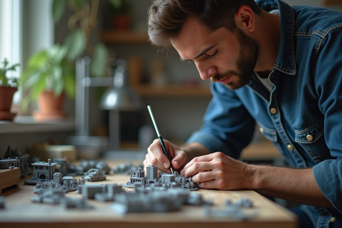 Modéliste au travail avec outils précis pour un modèle réduit