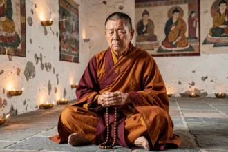 Moine bouddhiste tibétain récitant le mantra Om Mani Padme Hum avec un chapelet de mala dans un monastère ancien
