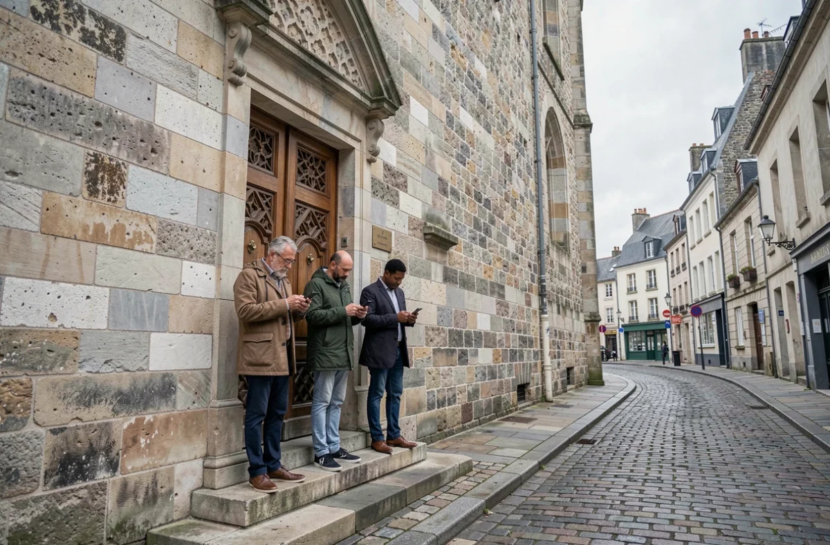 Entrée d'une mosquée dans le centre-ville de Rennes avec des fidèles vérifiant l'heure de prière sur leur téléphone avant d'entrer