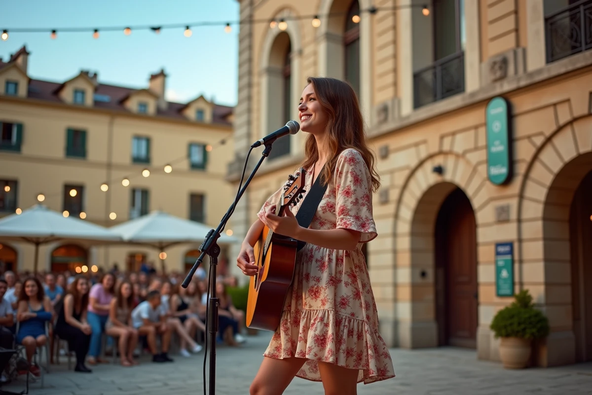 Musicienne jouant de la guitare acoustique sur une scène de festival intimiste dans la cour pavée du Vieux-Lyon en été