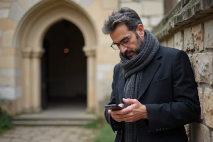 Musulman priant devant une mosquée en pierre à Compiègne