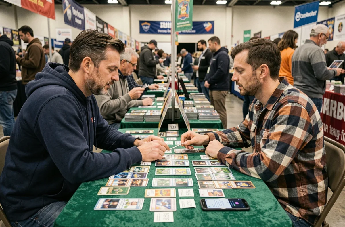 Deux collectionneurs négociant des cartes Pokémon rares sur un stand lors d'une foire d'échange de cartes