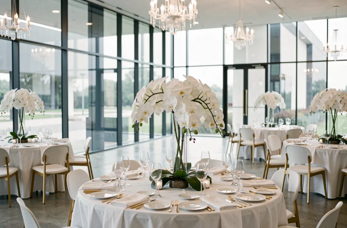 Salle de réception moderne d'Orchidée Salon avec décoration en orchidées blanches, tables rondes et verrière contemporaine